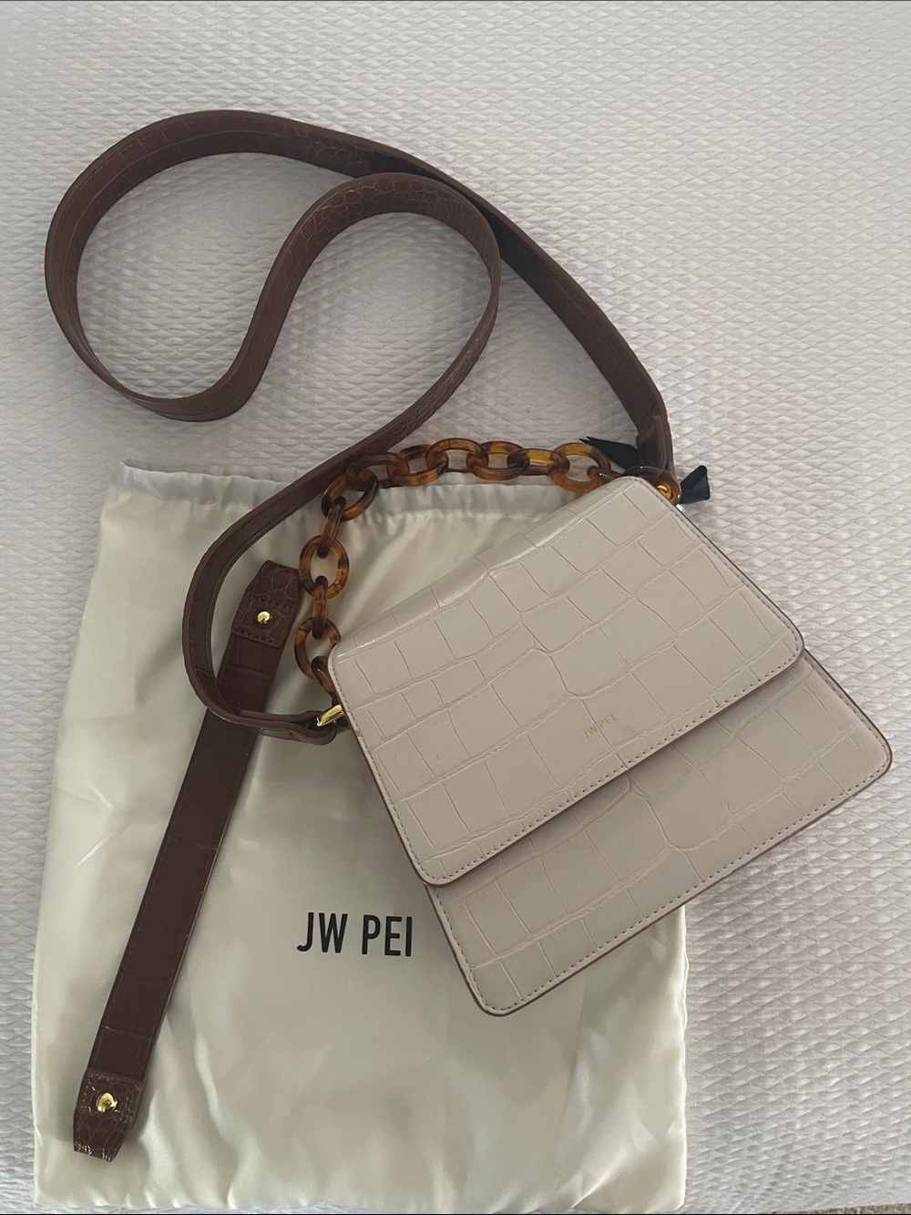 JW PEI Cream Croc-Embossed Crossbody with Brown Strap and Tortoiseshell Chain